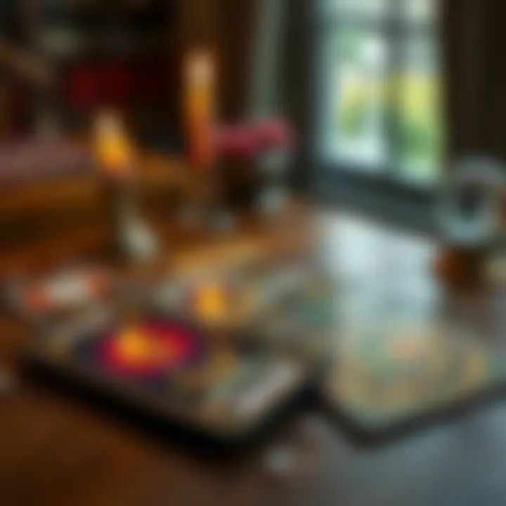 A colorful tarot deck spread out on a wooden table with a candle and a crystal ball nearby