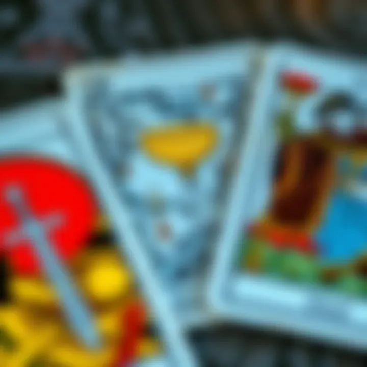 A close-up of tarot cards, featuring the 6 of Swords, 5 of Cups, and 4 of Cups, symbolizing moving on, regret, and emotional detachment.