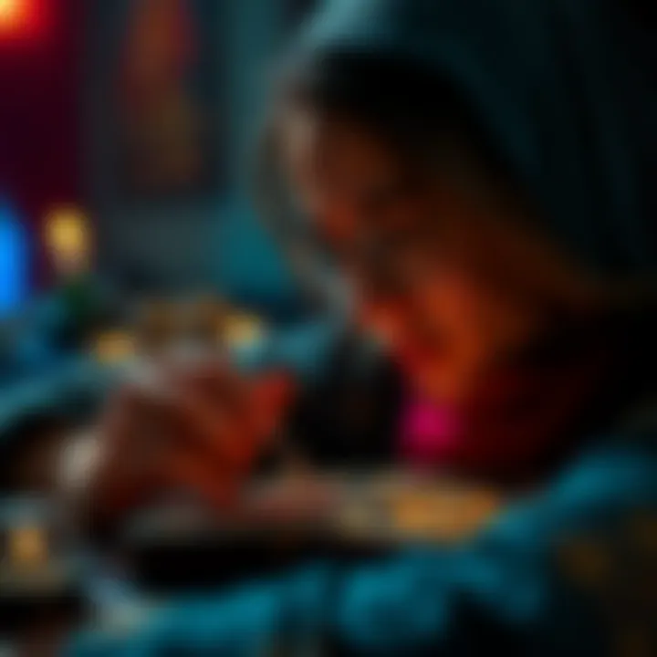 A person reflecting on tarot cards, contemplating their ex's behavior at an upcoming event, with a focused expression.