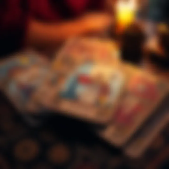 A set of tarot cards including the Justice card, King of Swords, and Seven of Pentacles laid out on a table, symbolizing exam predictions.