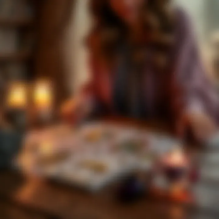 A woman examines tarot cards spread on a wooden table, with a candle and crystals nearby, contemplating her future husband.