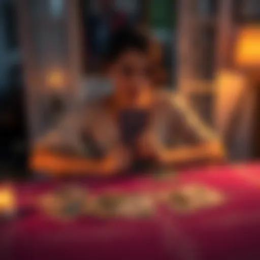 A woman sitting at a table with tarot cards spread out, looking contemplative as she thinks about her health journey related to endometriosis.