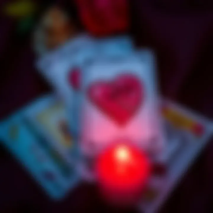 A set of tarot cards laid out next to a heart symbol, representing love and relationships.