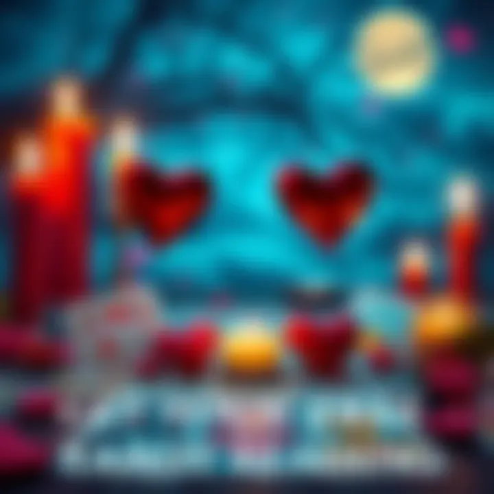 A colorful spread of tarot cards featuring hearts, candles, and a moonlit background, inviting viewers to join a free tarot reading event.