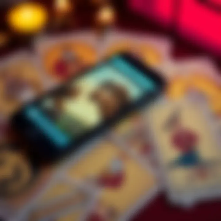 A close-up of tarot cards laid out beside a smartphone displaying a public Instagram profile, symbolizing the connection between social media and tarot interpretations.