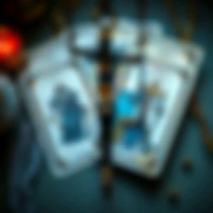 A spread of tarot cards featuring the Eight and Four of Pentacles, symbolizing self-improvement and the concept of justice in a relationship context.