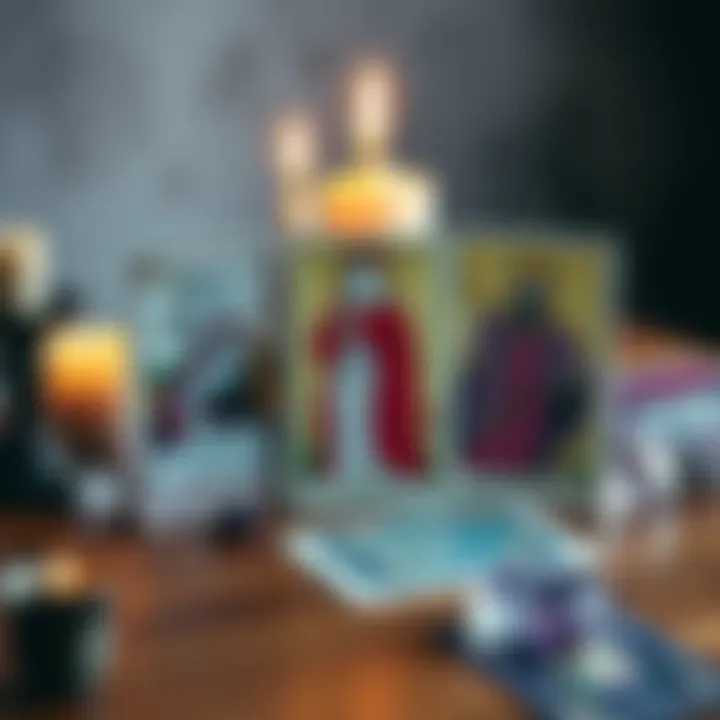 A display of the Knight of Cups, Queen of Swords reversed, and King of Wands tarot cards on a wooden table with candles and crystals