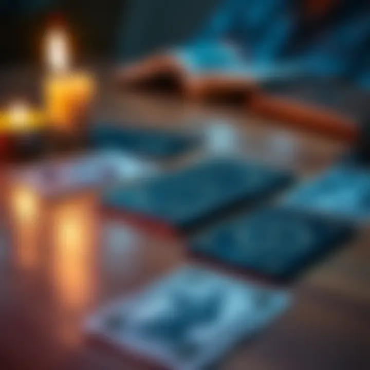A close-up of six Tarot cards arranged on a wooden table with a candle lit nearby