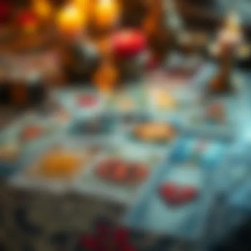 A table featuring an arrangement of tarot cards with a mystical ambiance, showing cards face up that suggest themes of love and honesty.