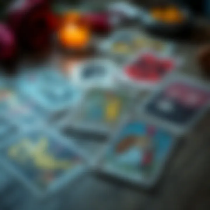 A set of tarot cards laid out on a table, featuring imagery that represents love and relationships, indicating a reading focused on romance.