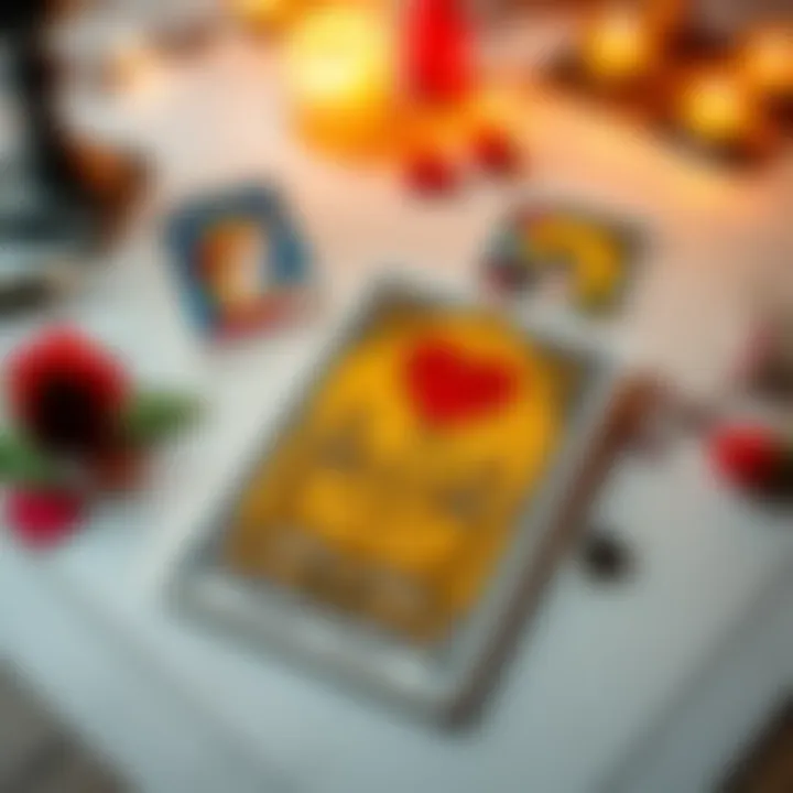 A set of tarot cards laid out with romantic notes beside them, symbolizing love and relationships.