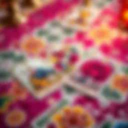 Three tarot cards laid out on a colorful tablecloth for love reading