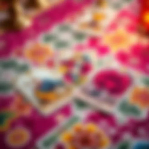 Three tarot cards on a table Three tarot cards laid out on a colorful tablecloth for love reading