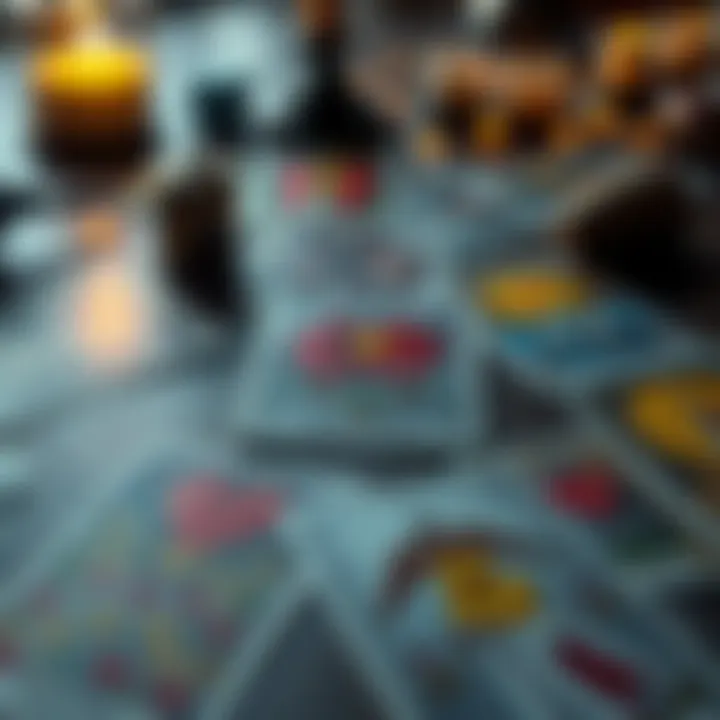 A close-up of tarot cards laid out, revealing symbols of love and connection, with a soft light illuminating the scene