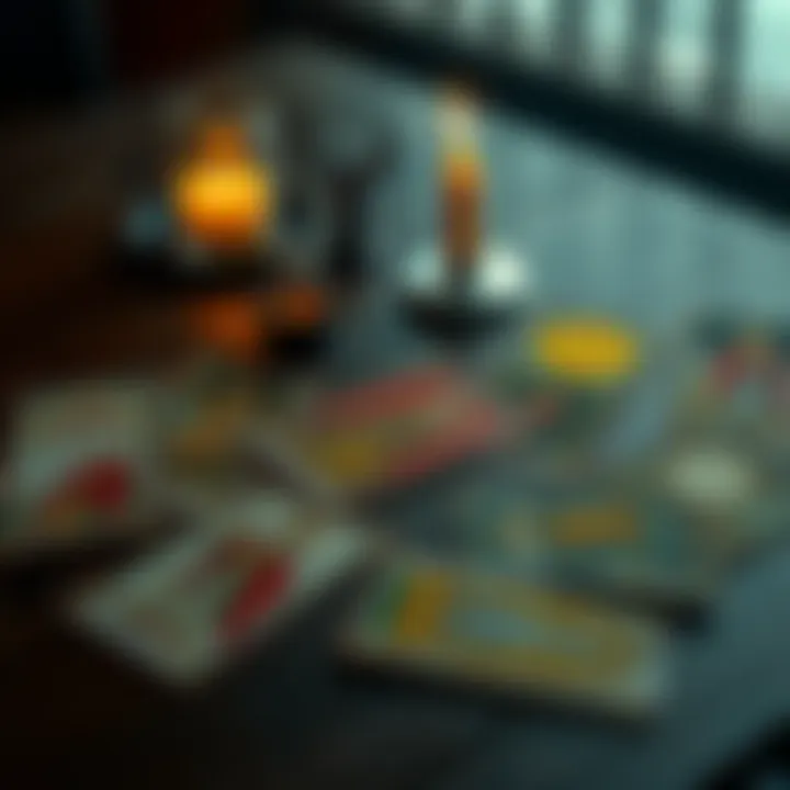 A spread of major arcana tarot cards, including The Hierophant and The Moon, laid out on a wooden table with a candle beside them.