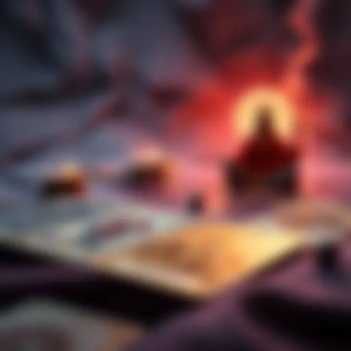 Tarot Cards and Meditation A tarot card spread featuring the 5 of Swords and the Hierophant, with a person meditating nearby.