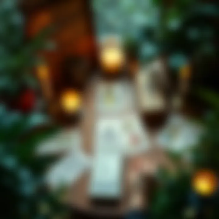 A person spreads tarot cards on a wooden table surrounded by plants and candles, creating a magical atmosphere.