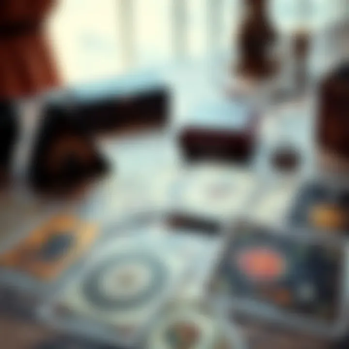 A collection of tarot cards laid out on a table, featuring different spreads and symbols for New Year's readings.