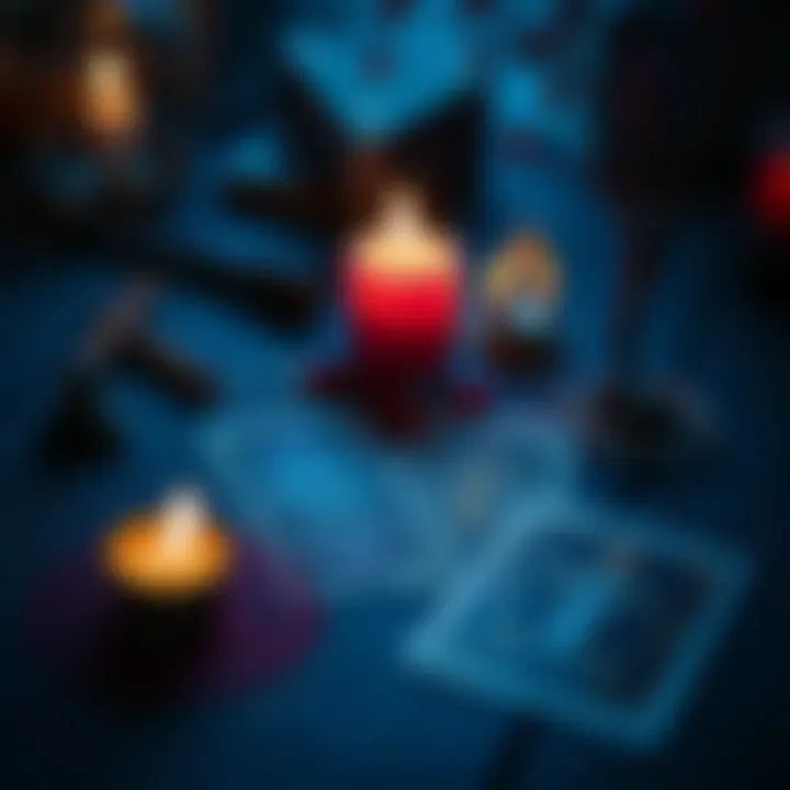 A set of tarot cards laid out beside a candle and incense for a spiritual connection ritual, symbolizing an offering to King Paimon.
