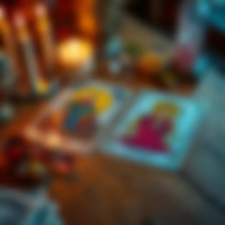 A spread of Emperor and Empress tarot cards laid out on a wooden table, with a candle and a crystal nearby.