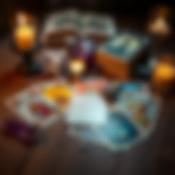 A set of colorful tarot cards laid out on a wooden table with a candle and crystals nearby, symbolizing a tarot reading session.