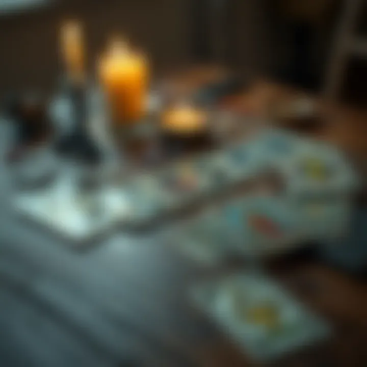 Tarot Cards on a Table A set of tarot cards spread out on a wooden table, with a candle and crystals beside them, inviting people to seek readings.