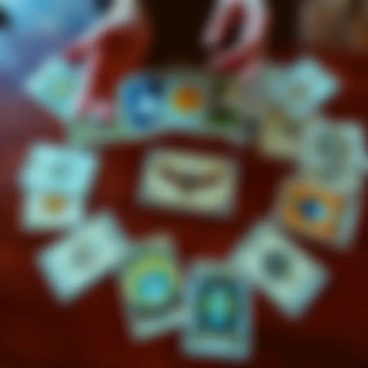 A selection of tarot cards laid out on a wooden table, showcasing various designs and symbols, with a person's hands hovering above.