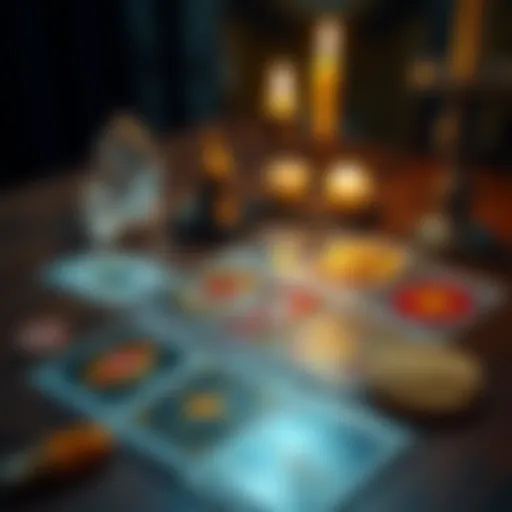 Tarot Cards on Table A set of colorful tarot cards spread out on a wooden table, with a candle and a crystal nearby, creating a mystical atmosphere.