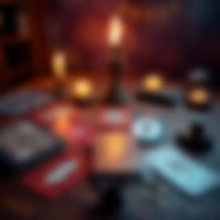 A collection of tarot cards spread out on a wooden table with a mystical ambiance, inviting people to ask yes/no questions for readings.