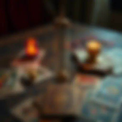 A table with tarot cards spread out and a pendulum hovering above them, symbolizing divination practices