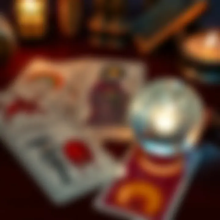 A spread of tarot cards including The Devil, The Hermit, and The Sun, with a glowing crystal ball nearby, indicating a reading about feelings and relationships.