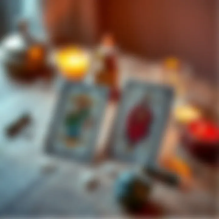 Two tarot cards placed on a table with a candle and crystals, ready for a reading.