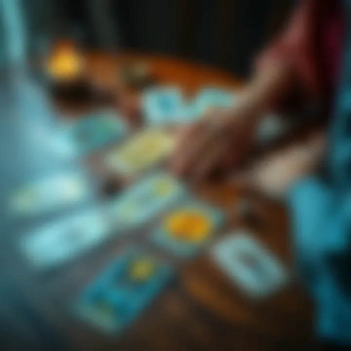 A person examines a spread of tarot cards on a wooden table, contemplating their meanings regarding reconciliation with a partner.