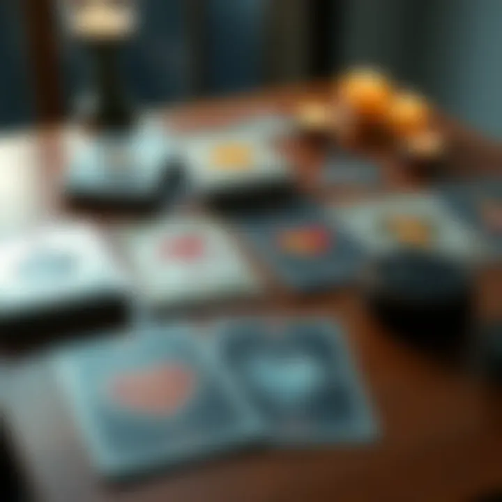 A spread of tarot cards on a wooden table, with some cards showing symbols of love and relationships, indicating a potential reconnection with an ex.