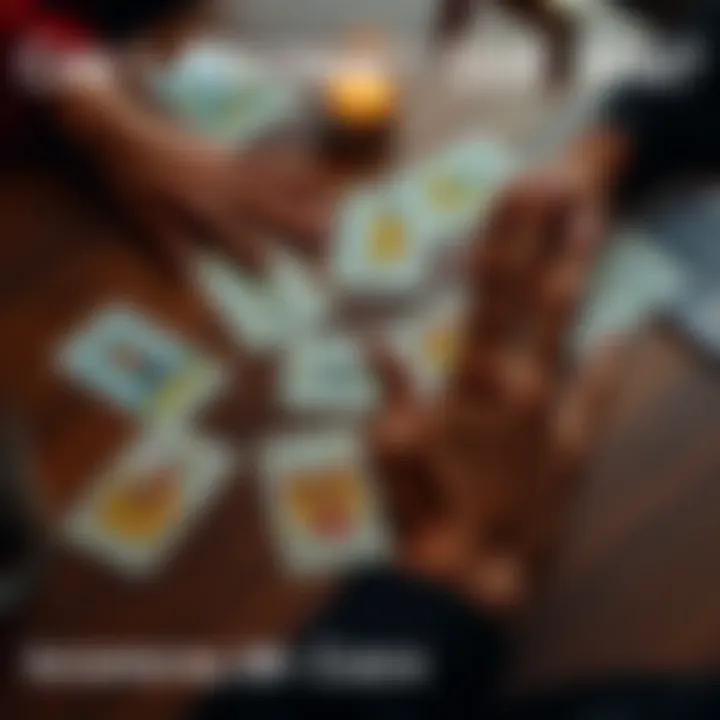 A set of tarot cards laid out on a wooden table, with a person's hands hovering over them, symbolizing relationship questions and interpretations.