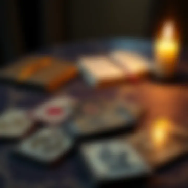 A close-up of tarot cards spread out on a table, with a candle and a notebook nearby, symbolizing a relationship reading.