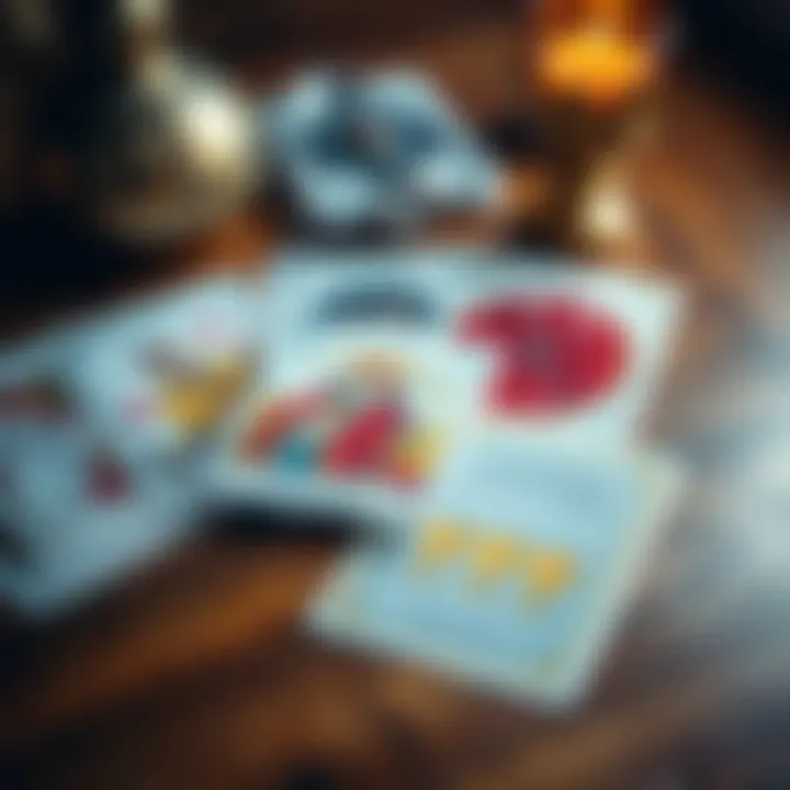 A set of tarot cards, including the King of Wands and Four of Cups, spread out on a wooden table, indicating relationship insights.