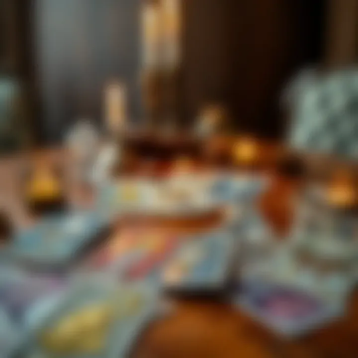 A spread of tarot cards on a wooden table with a candle and crystals, reflecting themes of love and relationships