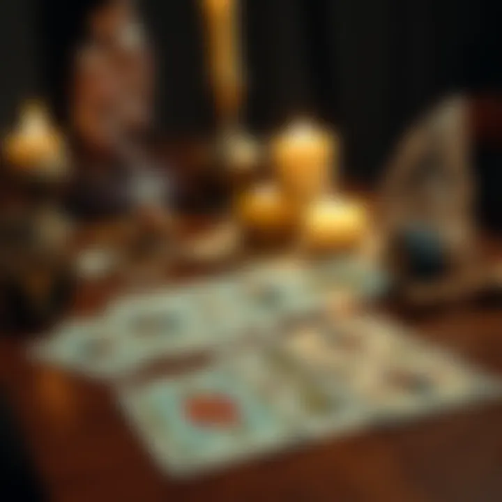 A close-up of tarot cards laid out on a wooden table, showing two specific cards repeated three times, with candles and crystals in the background