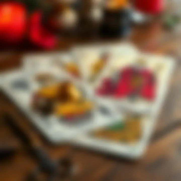 A close-up of the 9 of Cups and Hierophant tarot cards laid out on a wooden table, symbolizing romance and relationships.