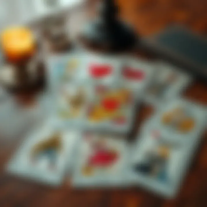 A spread of tarot cards with a focus on romance and feelings, set on a wooden table