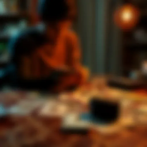 A person looking at tarot cards laid out on a table, contemplating the search for a lost wallet.