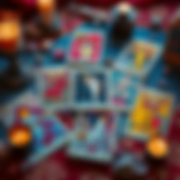 A spread of tarot cards featuring imagery related to sex and desire, set on a colorful tablecloth, with crystals and candles around them.