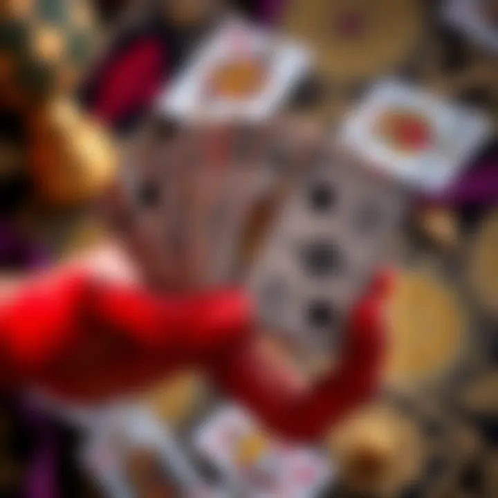 A hand shuffling a deck of tarot cards, showing both upright and reversed orientations, symbolizing card readings