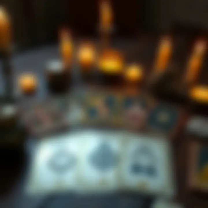 A tarot card spread with cards turned face up, revealing symbols of emotions and relationships, set on a wooden table with candles lit around.