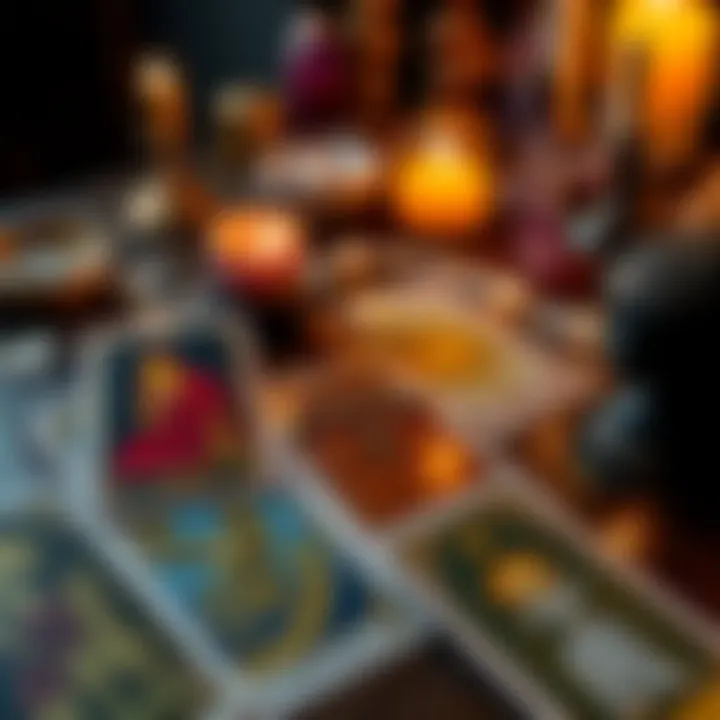 A spread of tarot cards including the Death, Sun, and Judgement cards on a wooden table, with candles and crystals in the background.