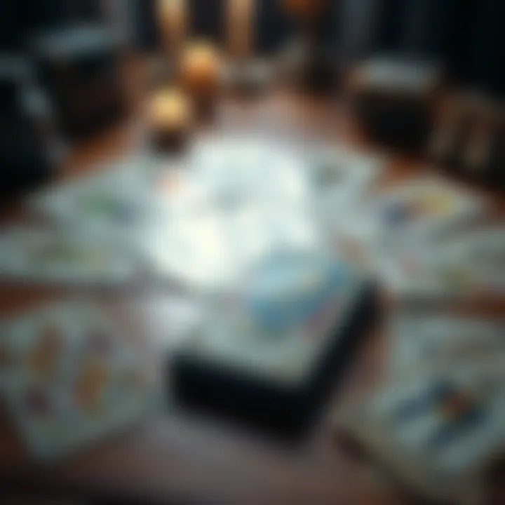 A set of tarot cards laid out on a wooden table, with one card prominently showing a figure symbolizing caution.