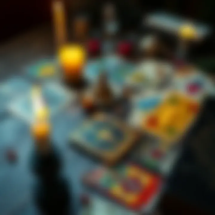 A colorful spread of tarot cards on a wooden table, with a candle and crystal for guidance