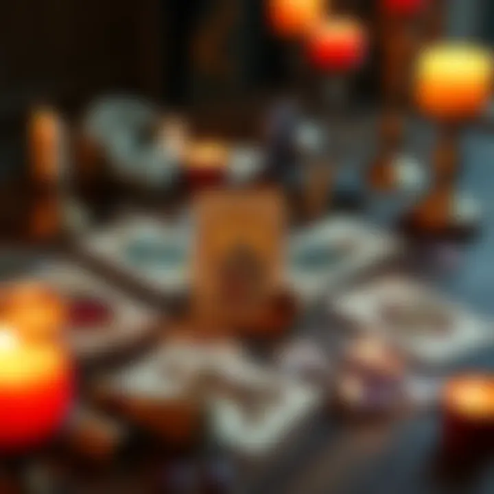 A spread of tarot cards showcasing The Tower and Four of Wands, set on a wooden table with candles and crystals around them