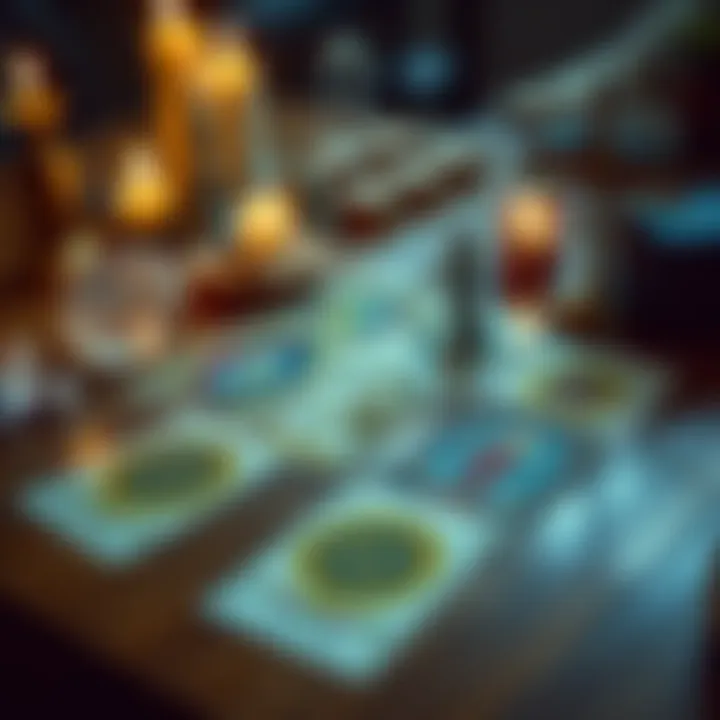 A spread of tarot cards including the Two of Pentacles, Chariot, and Justice on a wooden table, with crystals and candles in the background.